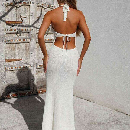 Elegant Backless Knit Halter Dress with Sheer Detailing