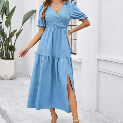 New spring and summer solid color temperament V-neck short-sleeved long skirt