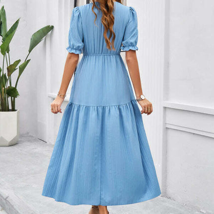 New spring and summer solid color temperament V-neck short-sleeved long skirt