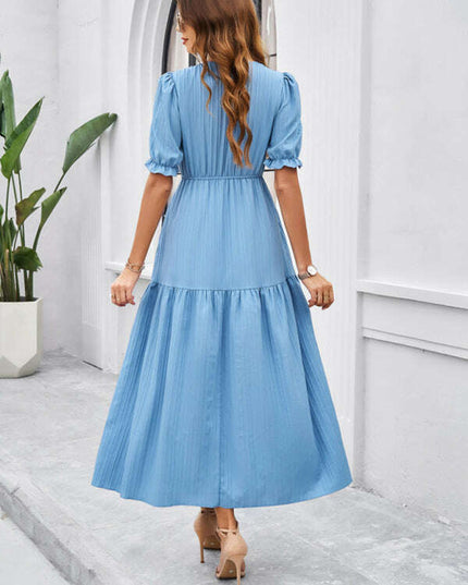 New spring and summer solid color temperament V-neck short-sleeved long skirt
