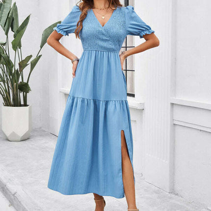 New spring and summer solid color temperament V-neck short-sleeved long skirt