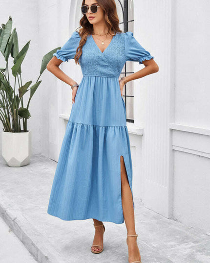 New spring and summer solid color temperament V-neck short-sleeved long skirt