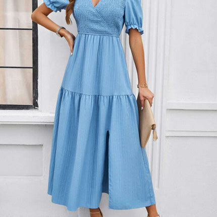 New spring and summer solid color temperament V-neck short-sleeved long skirt