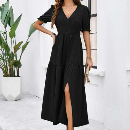 New spring and summer solid color temperament V-neck short-sleeved long skirt