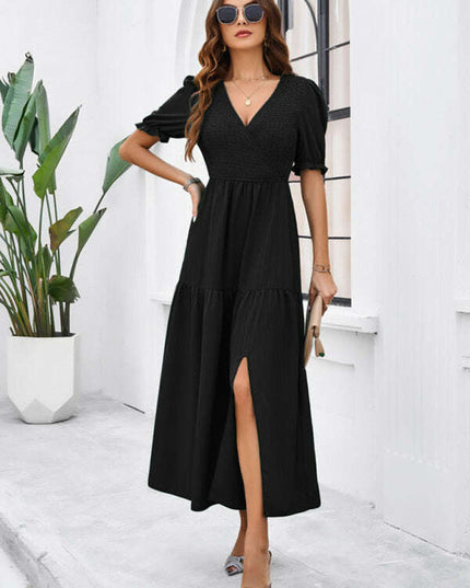 New spring and summer solid color temperament V-neck short-sleeved long skirt