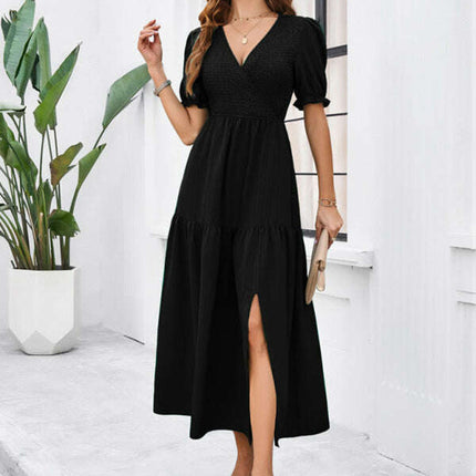 New spring and summer solid color temperament V-neck short-sleeved long skirt