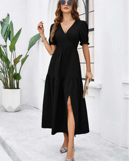 New spring and summer solid color temperament V-neck short-sleeved long skirt