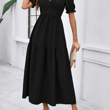 New spring and summer solid color temperament V-neck short-sleeved long skirt