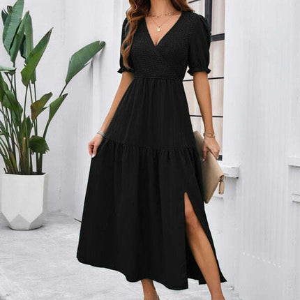 New spring and summer solid color temperament V-neck short-sleeved long skirt