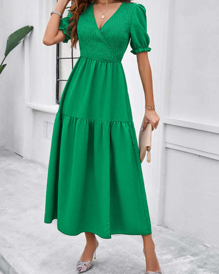 New spring and summer solid color temperament V-neck short-sleeved long skirt