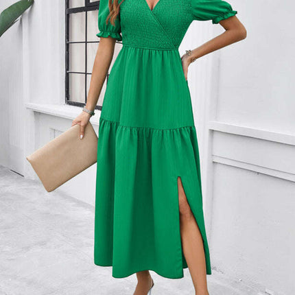 New spring and summer solid color temperament V-neck short-sleeved long skirt