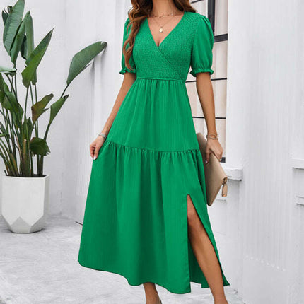 New spring and summer solid color temperament V-neck short-sleeved long skirt