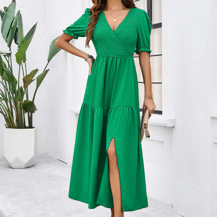 New spring and summer solid color temperament V-neck short-sleeved long skirt
