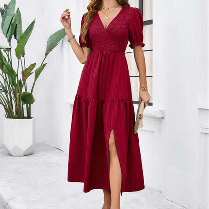 New spring and summer solid color temperament V-neck short-sleeved long skirt