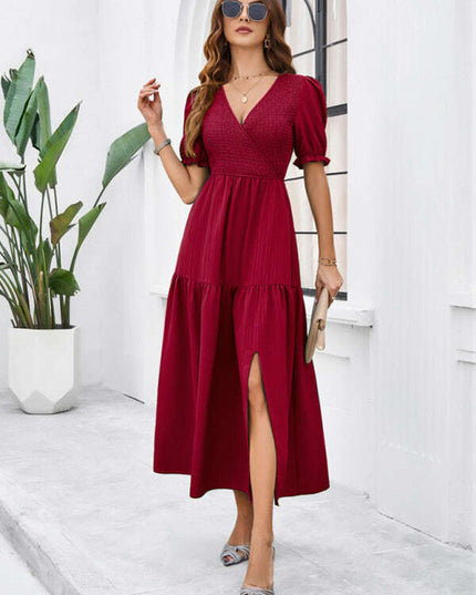 New spring and summer solid color temperament V-neck short-sleeved long skirt