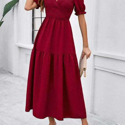 New spring and summer solid color temperament V-neck short-sleeved long skirt
