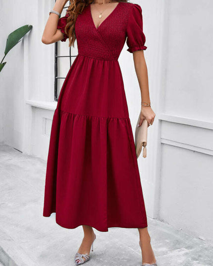 New spring and summer solid color temperament V-neck short-sleeved long skirt