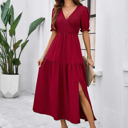 New spring and summer solid color temperament V-neck short-sleeved long skirt