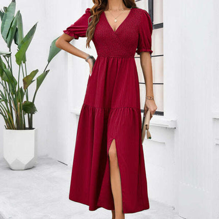 New spring and summer solid color temperament V-neck short-sleeved long skirt