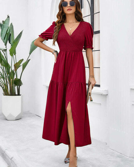 New spring and summer solid color temperament V-neck short-sleeved long skirt