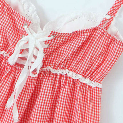 New style lace plaid printed strappy suspender dress