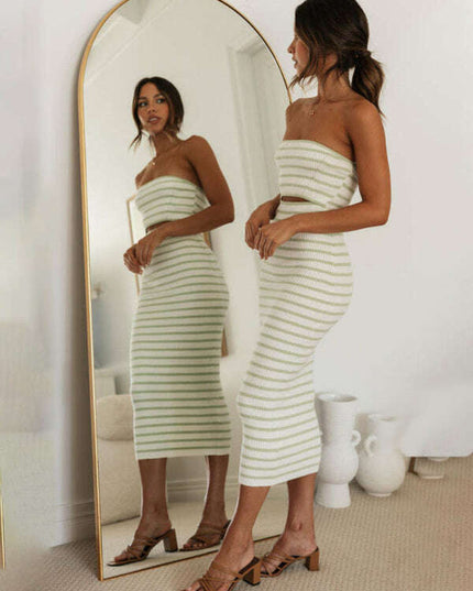 Women's one-shoulder sexy tube top striped knitted slim fit hip-hugging dress