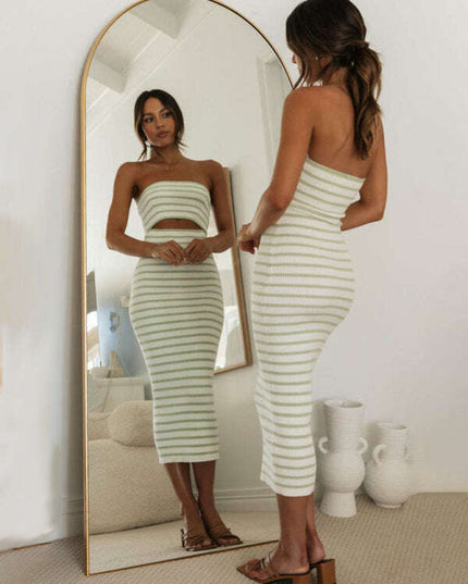 Women's one-shoulder sexy tube top striped knitted slim fit hip-hugging dress