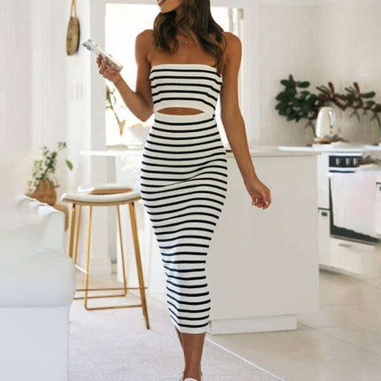 Women's one-shoulder sexy tube top striped knitted slim fit hip-hugging dress