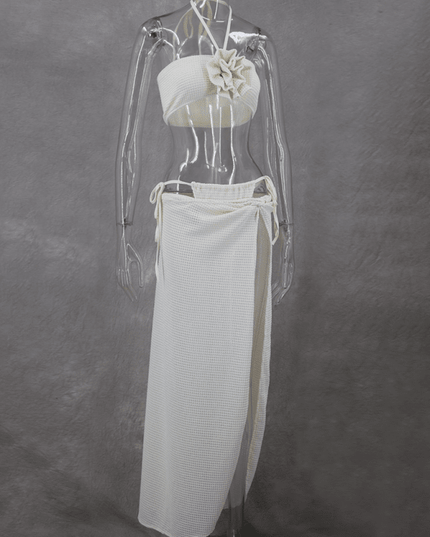 New sexy hot girl sleeveless tube top halter collar knitted slit high waist skirt three-piece suit