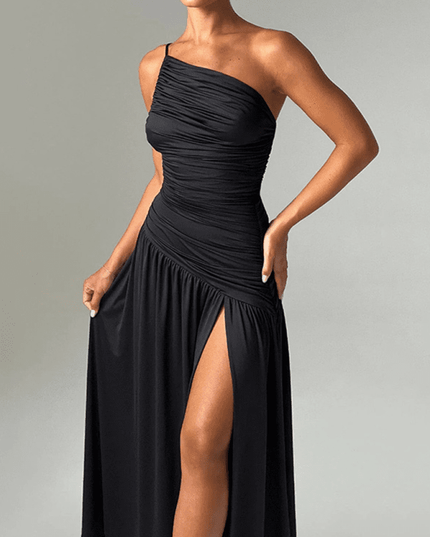 Strapless off-shoulder gathered slit A-line dress