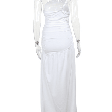 Strapless off-shoulder gathered slit A-line dress