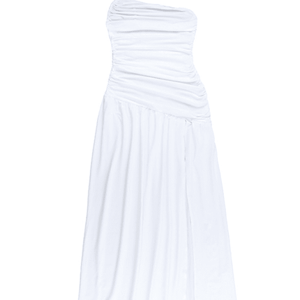 Strapless off-shoulder gathered slit A-line dress