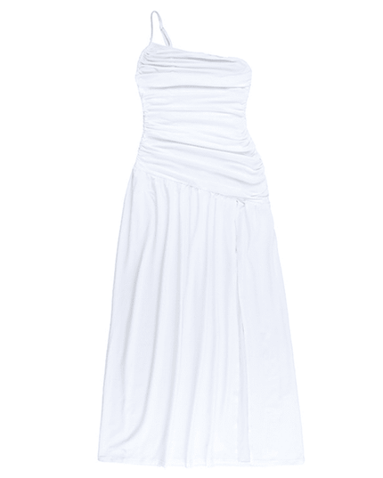 Strapless off-shoulder gathered slit A-line dress