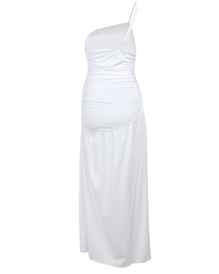 Strapless off-shoulder gathered slit A-line dress