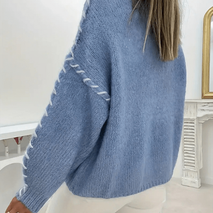 Women's Fashion Pullover Solid Color Round Neck Long Sleeve Drawstring Loose Knitted Sweater