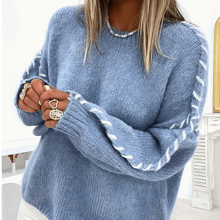 Women's Fashion Pullover Solid Color Round Neck Long Sleeve Drawstring Loose Knitted Sweater