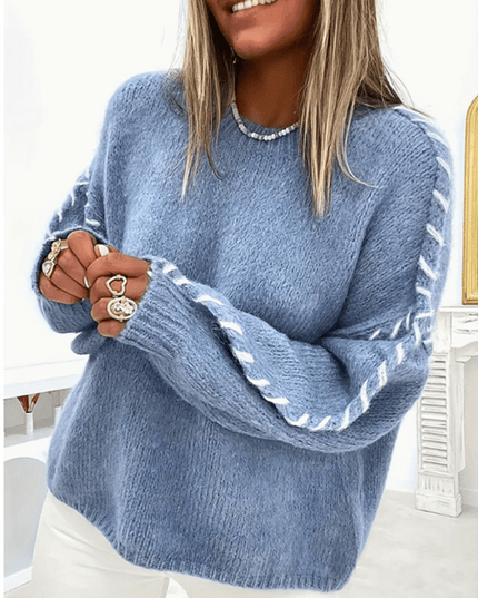 Women's Fashion Pullover Solid Color Round Neck Long Sleeve Drawstring Loose Knitted Sweater