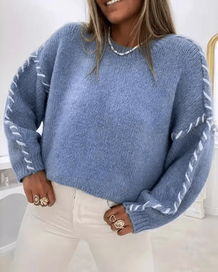 Women's Fashion Pullover Solid Color Round Neck Long Sleeve Drawstring Loose Knitted Sweater