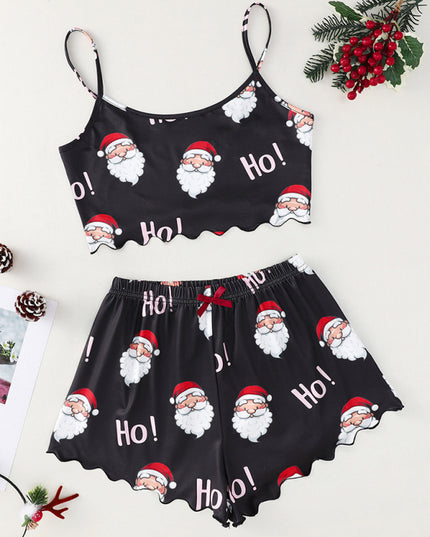 Christmas Santa Claus Elk Print Sleeveless Shorts Simple Casual Two-piece Home Clothes
