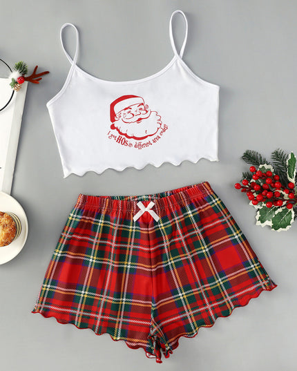 Christmas Santa Claus Elk Print Sleeveless Shorts Simple Casual Two-piece Home Clothes