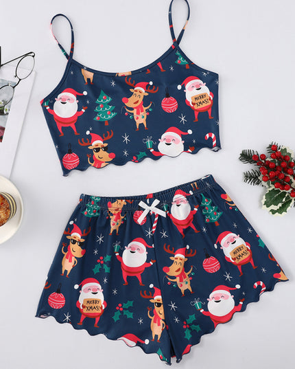 Christmas Santa Claus Elk Print Sleeveless Shorts Simple Casual Two-piece Home Clothes