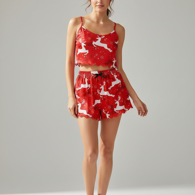 Christmas Santa Claus Elk Print Sleeveless Shorts Simple Casual Two-piece Home Clothes