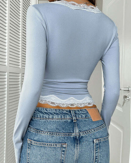 Y2K sweet and spicy style slim lace contrast color v-neck bm long-sleeved top