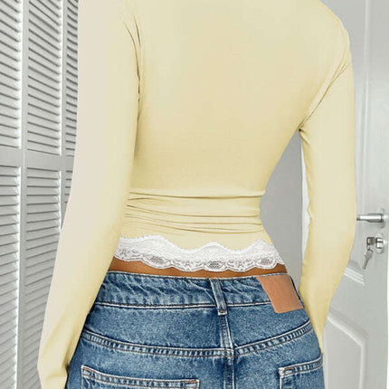 Y2K sweet and spicy style slim lace contrast color v-neck bm long-sleeved top