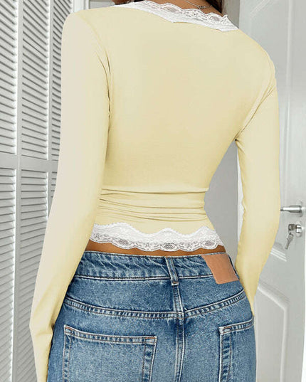 Y2K sweet and spicy style slim lace contrast color v-neck bm long-sleeved top