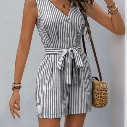 V-neck sleeveless striped jumpsuit
