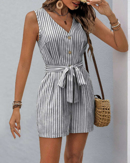 V-neck sleeveless striped jumpsuit