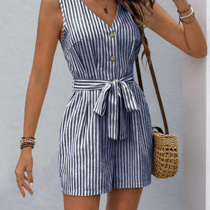 V-neck sleeveless striped jumpsuit