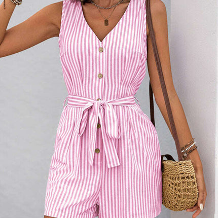 V-neck sleeveless striped jumpsuit
