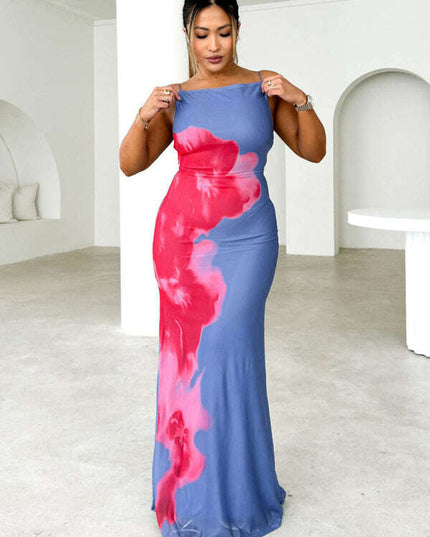 Women's slim-fit suspender dress with contrasting floral print